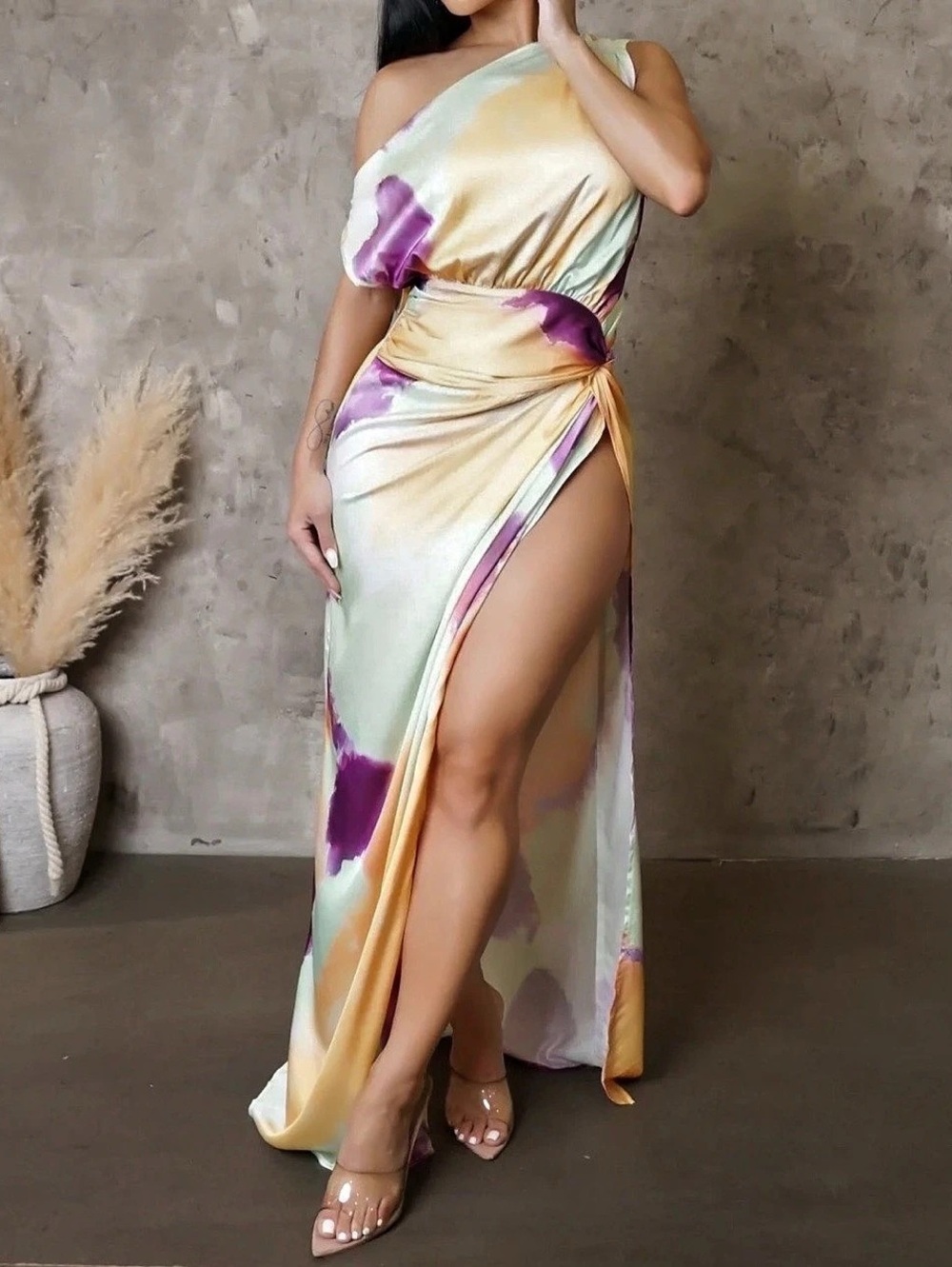 LUXXEL Tie-Dye Maxi Dress in Yellow & Purple NWT